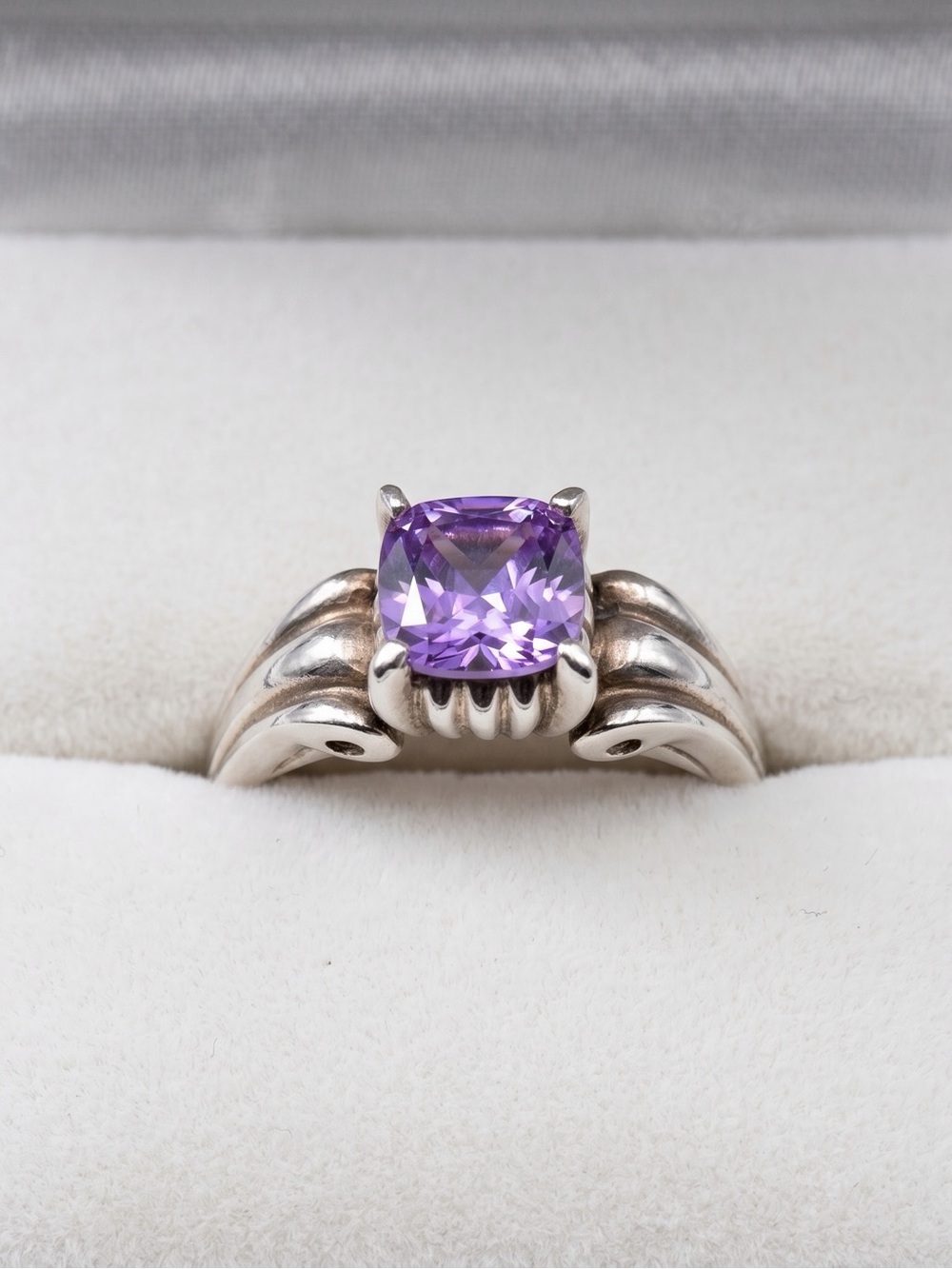 Sterling Silver Ring with Cushion-Cut Purple Stone
